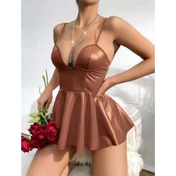 VipMarketim  Kahverengi Parlak Lame Fantezi Deri Elbise