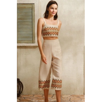 VipMarketim Kalın Askılı Oyuk U Yaka Geometrik Yazlık Uzun Nakış Detaylı Pijama Takımı