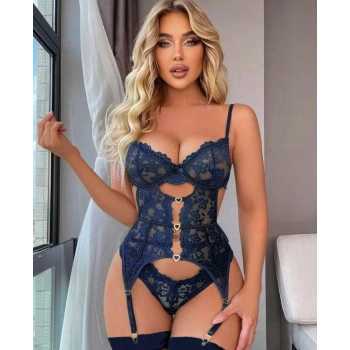 VipMarketim  Kalp Aksesuarlı Dantelli Fantezi Mavi Jartiyer Takım