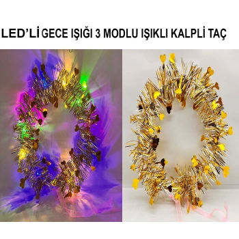 VipMarketim Kalp Püsküllü 3 Modlu LED Işıklı Taç Altın Renk