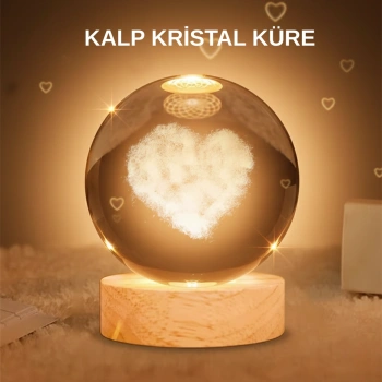VipMarketim Kalpli Işıklı Cam Küre Ahşap Standlı Dekoratif Gece Lambası