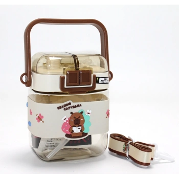 VipMarketim Kapibara Desenli Çift Bölmeli Pipetli Çocuk Matarası