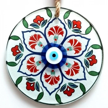 VipMarketim Karanfil Desenli Nazar Boncuklu Füzyon Cam Duvar Süsü