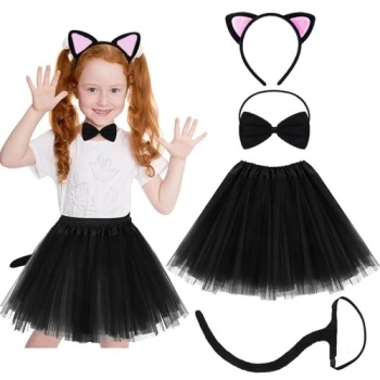 VipMarketim Kedi Kulak Taç Etek Kuyruk ve Papyon 4 lü Set Çocuk Pembe