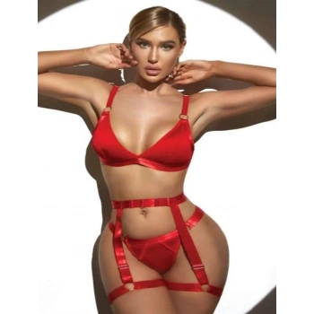 VipMarketim  Kırmızı Bacak Aksesuarlı Fantezi Jartiyer Takım