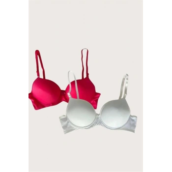 VipMarketim  Kırmızı-beyaz 2li Mikro Kumaş Push Up Dolgulu Balenli Günlük Destekli Sütyen