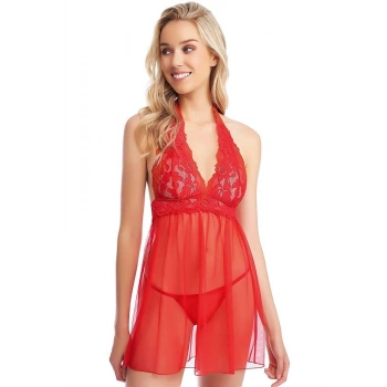 VipMarketim Kırmızı Boyundan Bağlamalı Dantel İşlemeli Fantezi Tül Gecelik