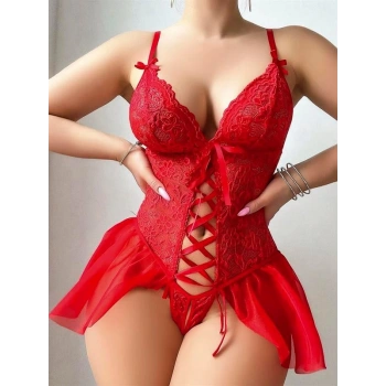 VipMarketim Kırmızı Dantel Detaylı Önü Dekolteli Fantezi Babydoll