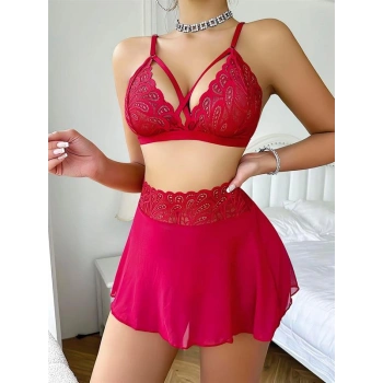 Vipmarketim Kırmızı Dantel İşlemeli Etekli Fantezi Sütyen Takımı