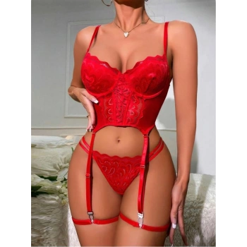 VipMarketim  Kırmızı Dantel İşlemeli Göğüs Dekolteli Fantezi Jartiyer Takımı