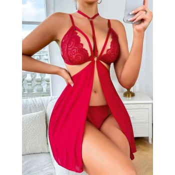 VipMarketim Kırmızı Dantel İşlemeli İp Detaylı Dekolteli Fantezi Tül Gecelik