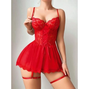 VipMarketim Kırmızı Dantel İşlemeli Jartiyerli Fantezi Şık Gecelik