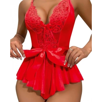 VipMarketim  Kırmızı Dantel İşlemeli Kurdelalı Fantezi Tül Babydoll