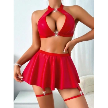 VipMarketim  Kırmızı Dekolteli Etekli Boyundan Bağlamalı Fantezi Parlak Deri Kostüm