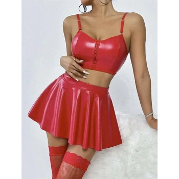 VipMarketim  Kırmızı Etekli Fantezi Deri Şık Elbise