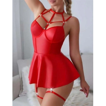 VipMarketim  Kırmızı Fantezi Parlak Deri Şık Club Elbise
