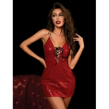 VipMarketim  Kırmızı Göğüs Detay Fantezi Deri Elbise