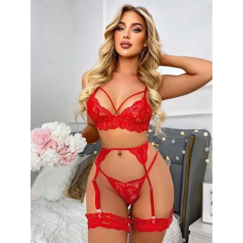 VipMarketim  Kırmızı Göğüs İp Detaylı Dantel İşlemeli Fantezi Jartiyer Takımı