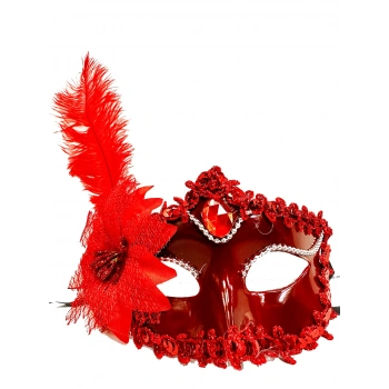 VipMarketim Kırmızı Güllü ve Tüylü Venedik Maskesi