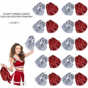 VipMarketim Kırmızı Gümüş Metalik Dolgun Gösteri Ponponu 20 Adet (10 Çift)