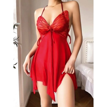 VipMarketim Kırmızı Kelebek İşlemeli Tül Fantezi Gecelik