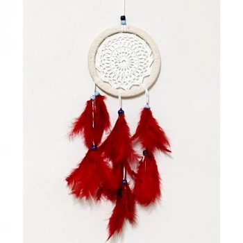 VipMarketim Kırmızı Kuş Tüylü Dream Catcher El Yapımı Düş Kapanı Duvar Süsü
