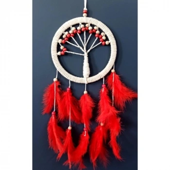 VipMarketim Kırmızı Kuş Tüylü Hayat Ağacı Düş Kapanı Duvar Süsü