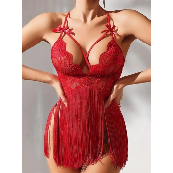 VipMarketim Kırmızı Püsküllü Dantel Detaylı Fantezi Gecelik