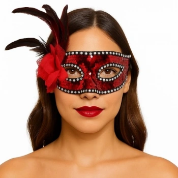 VipMarketim Kırmızı Renk Yandan Tüylü Güllü Gümüş Taşlı Pullu Maske 20x22 cm