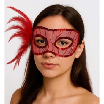 VipMarketim Kırmızı Renk Yandan Tüylü Pul Payet İşlemeli Parti Maskesi 23x12 cm