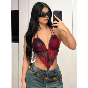 VipMarketim Kırmızı Siyah Desenli İnce Askılı Üçgen Kesim Crop