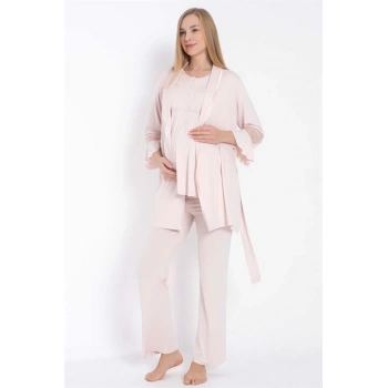 VipMarketim Kısa Kol Bisiklet Yaka Kadın Viskon Dantel Detaylı Hamile Pijama Takımı Sabahlık