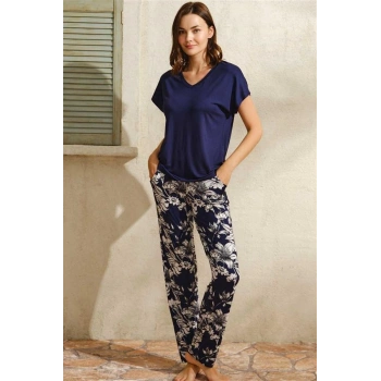 Vipmarketim Kısa Kol V Yaka Kadın Viskon Çiçek Desenli Yazlık Uzun Dantel Detaylı Pijama Takımı Anıl (kod:9807)