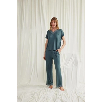 Vipmarketim Kısa Kollu V Yakalı Dantelli Pijama Takımı