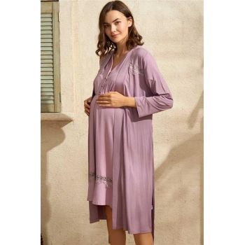 VipMarketim Kısa Yarım Kol V Yaka Kadın Viskon Düz Yazlık Uzun Dantel Detaylı Hamile Gecelik Sabahlık Anıl (Kod:5776)