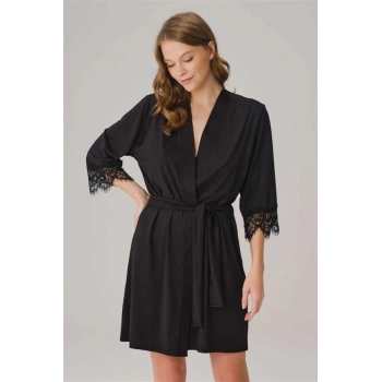 Vipmarketim Kısa Yarım Kollu V Yaka Kadın Düz Yazlık Kisa Dantel Detaylı Sabahlık Anıl (kod:5782)
