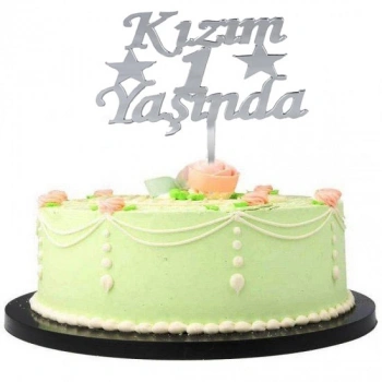 VipMarketim Kızım 1 Yaşında Yazılı Pasta Süsü Gümüş Renk