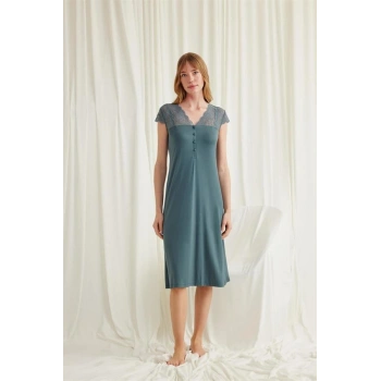 VipMarketim Kolu Omzu Ve Yakası Dantelli Önü Düğmeli Gecelik