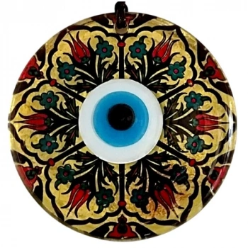 VipMarketim Lale Desenli Altın Varaklı Nazar Boncuklu Füzyon Cam Duvar Dekoru