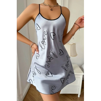 VipMarketim Love Baskılı Gri Saten Gecelik