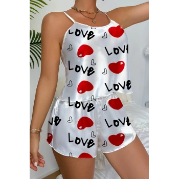VipMarketim Love Desenli Beyaz Saten Şortlu Gecelik Takım