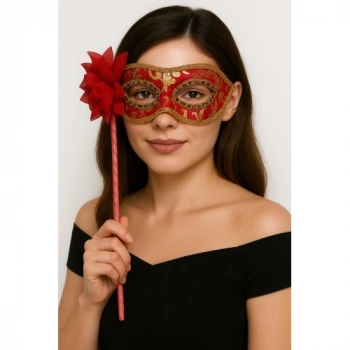 VipMarketim Lüks Taşlı Saplı Maskeli Balo Maskesi Kırmızı Renk 35 cm