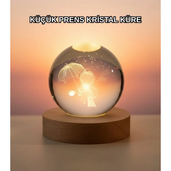 VipMarketim Masif Ahşap Standlı 3D Küçük Prens Kristal Top USB Gece Lambası Sıcak Işık