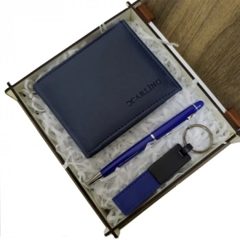 VipMarketim Mavi Cüzdan Kalem ve Deri Mavi Anahtarlık Set