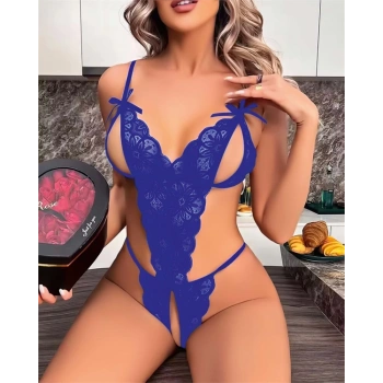 Vipmarketim Mavi Dantel İşlemeli Özel Bölgesi Açık Fantezi Body