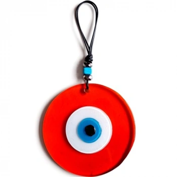 VipMarketim Mavi Nazar Boncuklu El Yapımı Deri İpli Turuncu Renk Şeffaf Cam Duvar Süsü