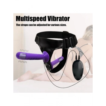 VipMarketim Mor Double Dong Titreşimli Belden Bağlamalı Çift Taraflı Bisex Dildo Vibratör