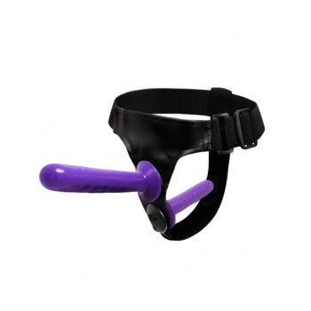 VipMarketim Mor Double Dong Titreşimli Belden Bağlamalı Çift Taraflı Bisex Dildo Vibratör model 2
