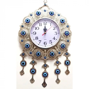 VipMarketim Nazar Boncuklu Gümüş Kaplama Solmaz Kararmaz Duvar Saati