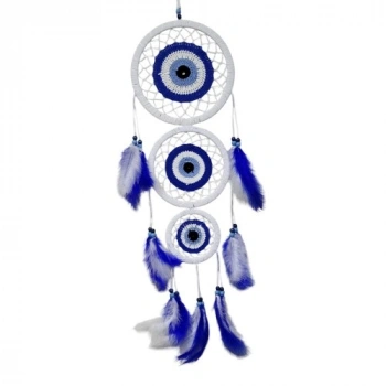 VipMarketim Nazar Motifli Üç Çemberli Kuş Tüylü Beyaz Duvar Süsü